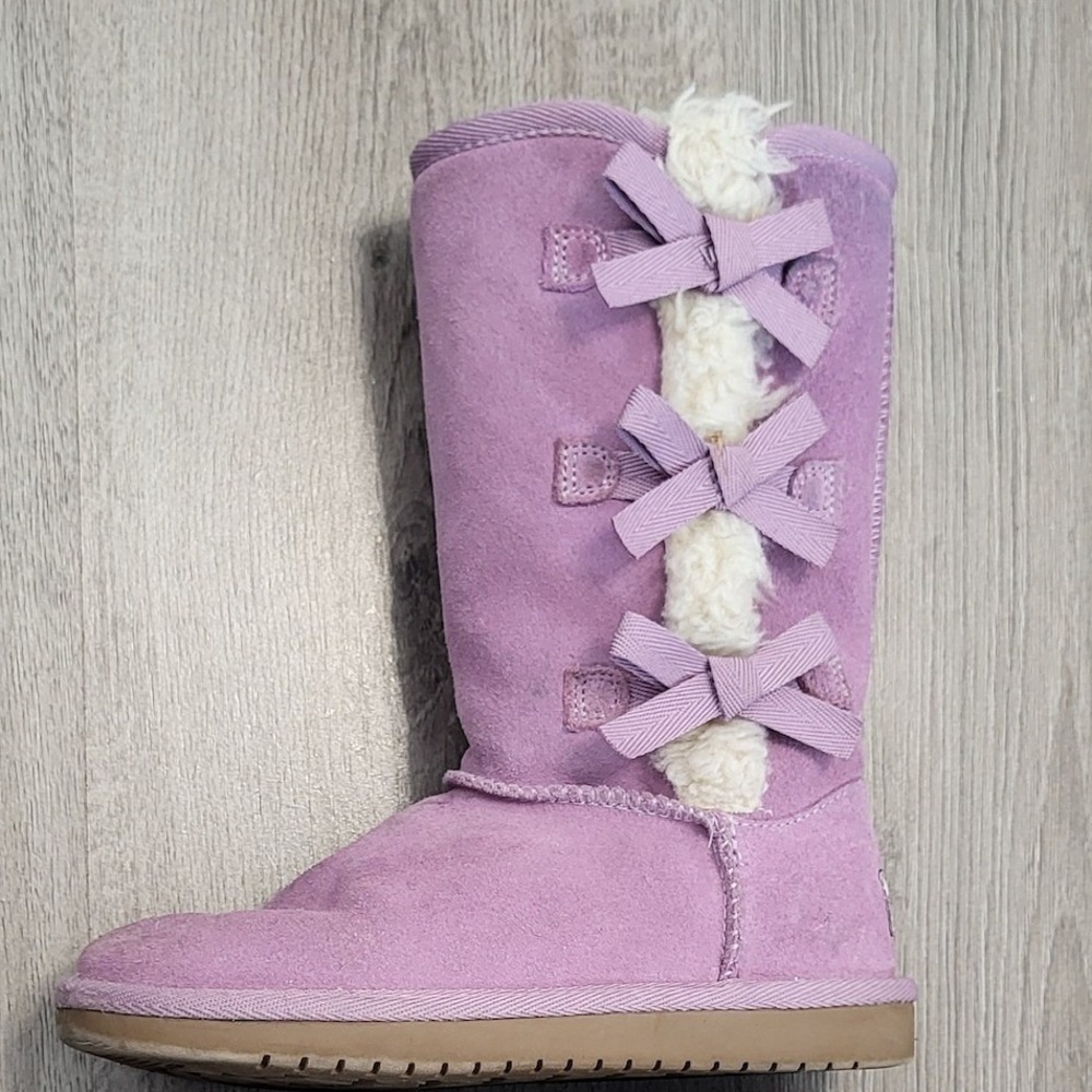 Koolaburra UGG Purple Lilac Suede Bow Tall Boots Kids Size 2 Plush Faux Fur